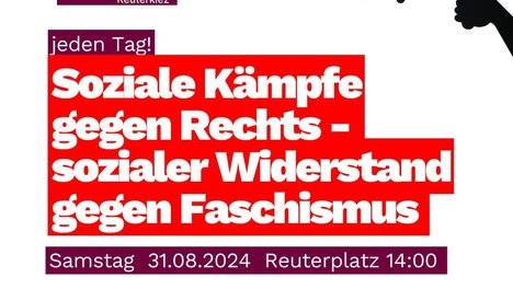 Titel der Kundgebung auf rotem Grund, Piktogramm eines Megaphons