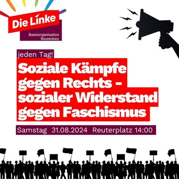 Titel der Kundgebung auf rotem Grund, Piktogramm eines Megaphons