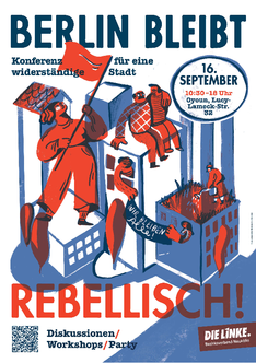 Plakat Konferenz Berlin bleibt rebellisch mit fahnenschwenkenden Menschen