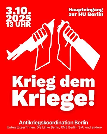 zwei Fäuste zerbrechen ein Gewehr, darunter Text: Krieg dem Kriege!
