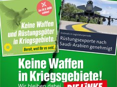 Sharepic: Keine Waffen in Kriegsgebiete! Mit dem Wahlplakat der Grünen von 2021, auf dem sie versprechen, keine Waffenlieferungen zu erlauben. Einzweites Bildchen zeigt den Entschluss der Ampel-regierung, Waffen nach Saudi-Arabien zu liefern