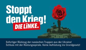 Sharepic "Stoppt den Krieg", Panzer mit roter Rose im Kanonenrohr
