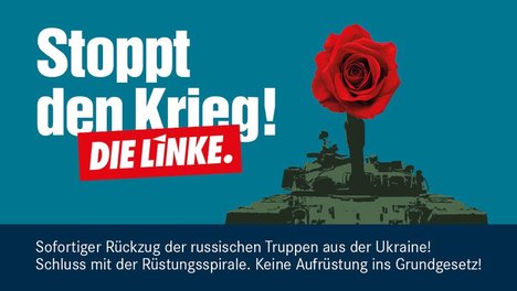 Sharepic "Stoppt den Krieg", Panzer mit roter Rose im Kanonenrohr