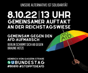 Sharepic Aufruf zur Kundgebung: Regenbogenfarbiger Schirm auf schwarzem Grund