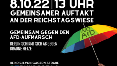 Sharepic Aufruf zur Kundgebung: Regenbogenfarbiger Schirm auf schwarzem Grund